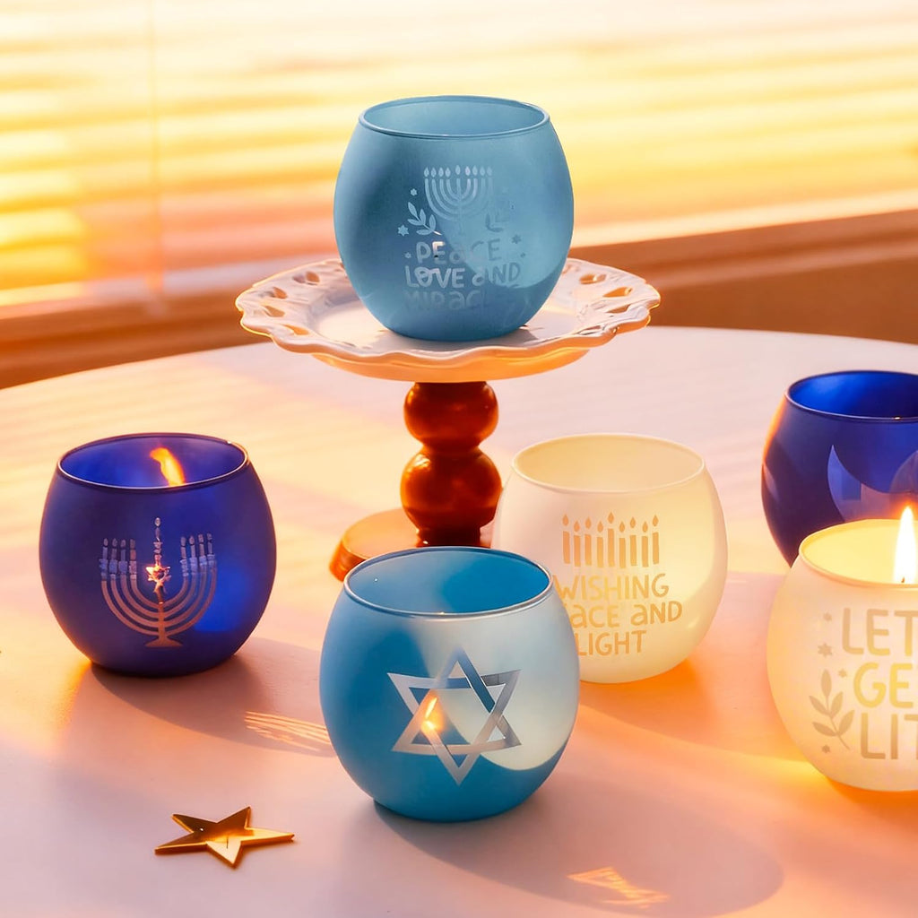 Hanukkah Decorations Indoor Tealight Votive Candle Holders with , Star of David for Jewish Holiday Decor - Blue - Set of 6