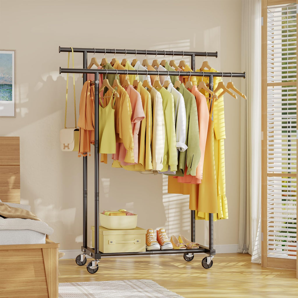 Double Rods Clothes Rack, Rolling Clothing Rack for Hanging Clothes Portable Wardrobe, Metal Garment Rack Sturdy Coat