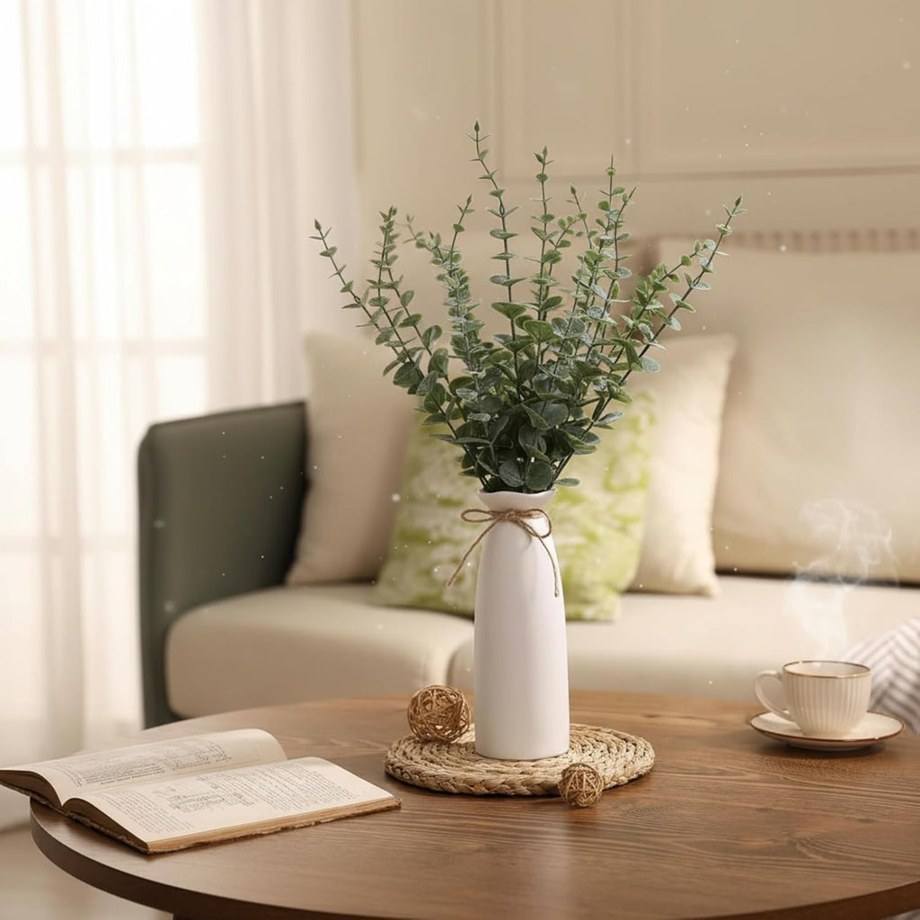 2 Pack Artificial Eucalyptus Stem in White Ceramic Vase 19" Fake Greenery Plants Decor 40 Pcs Modern Indoor Fake