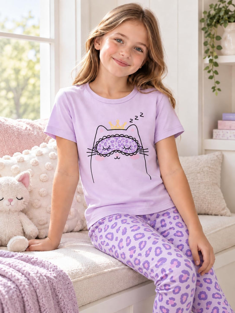 Girls Short Sleeve Piece Cotton Rib-Knit Pajamas Set