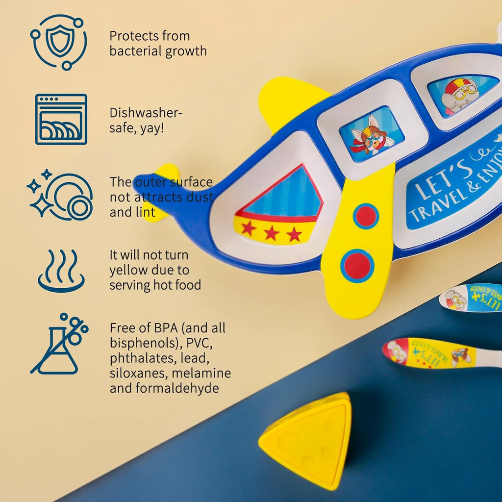 Airplane kids Plate - Fun Dish Plates and Utensils, Plane Shape Tableware, BPA-Free, Picky Eaters Kids Dinnerware