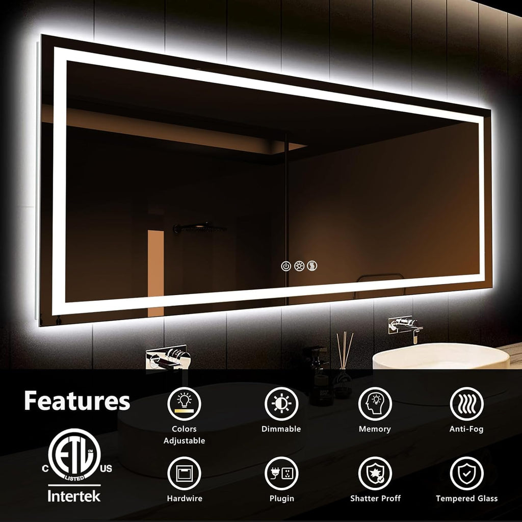 88x38 Inches LED Bathroom Mirror with Lights, Vanity Mirror with Front and Backlight, Smart Dimmable Anti-Fog LED