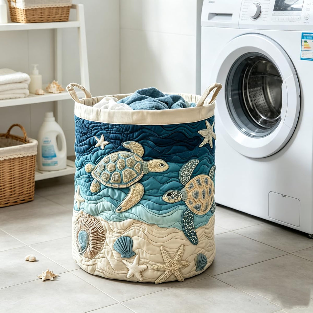 Sea Turtle Quilted Laundry Hamper Ocean Wave Starfish Boho Quilted Baskets