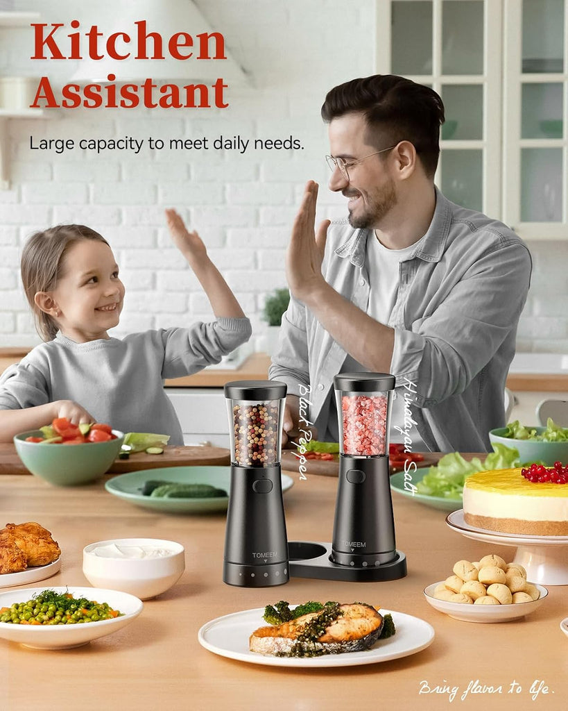 Electric Salt and Pepper Grinder Set with Storage Base, Stainless Steel Rechargeable Salt and Pepper Grinder Set - Set of 2