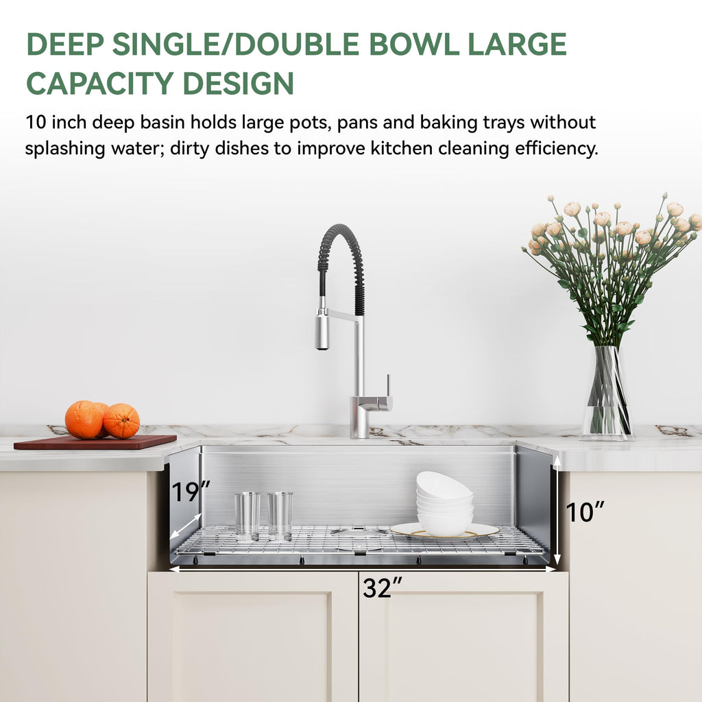 32 Inch Workstation Kitchen Sink, 16 Gauge 304 Stainless Steel Undermount Sink, Deep Single Bowl with Accessories
