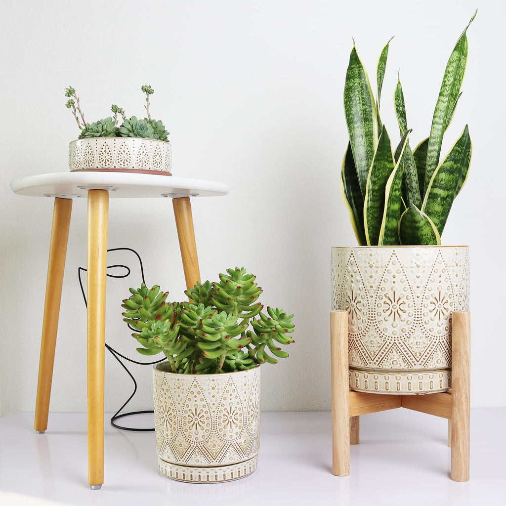 8 Inch Plant Pot with Stand, Ceramic Planter with Drainage Holes, Saucers and Mesh Pads for Indoor-Outdoor Plants
