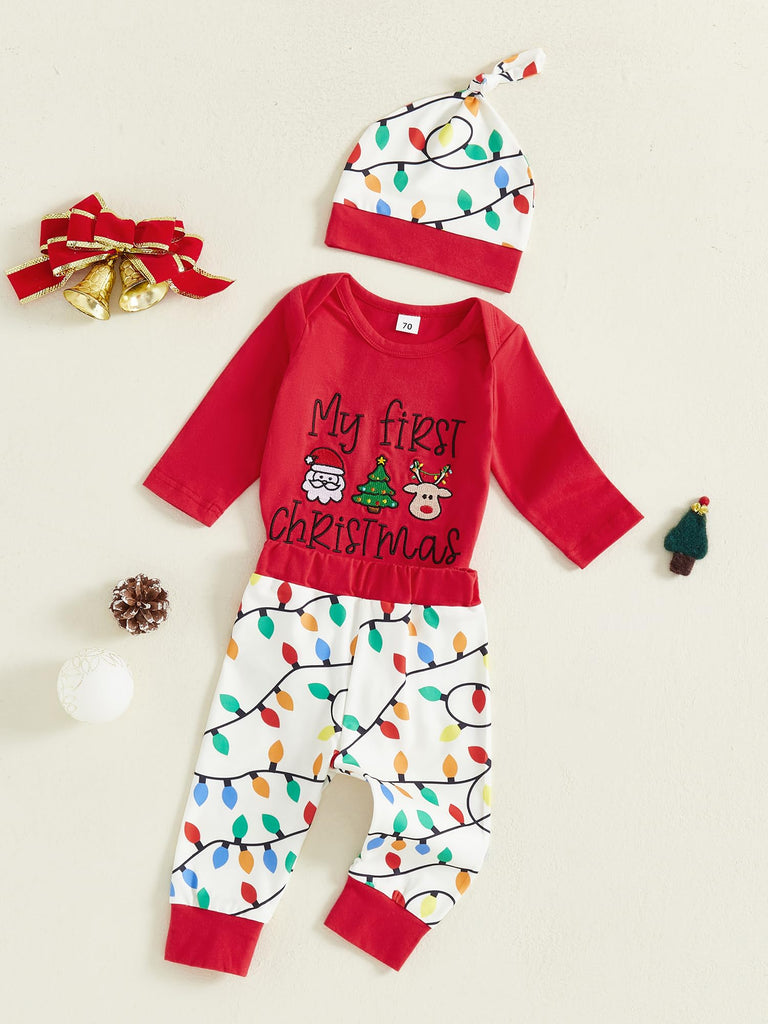 My First Christmas Baby Boy Outfit Newborn Romper+Pant+Headband Infant Bodysuit Clothes My 1st Christmas Outfit