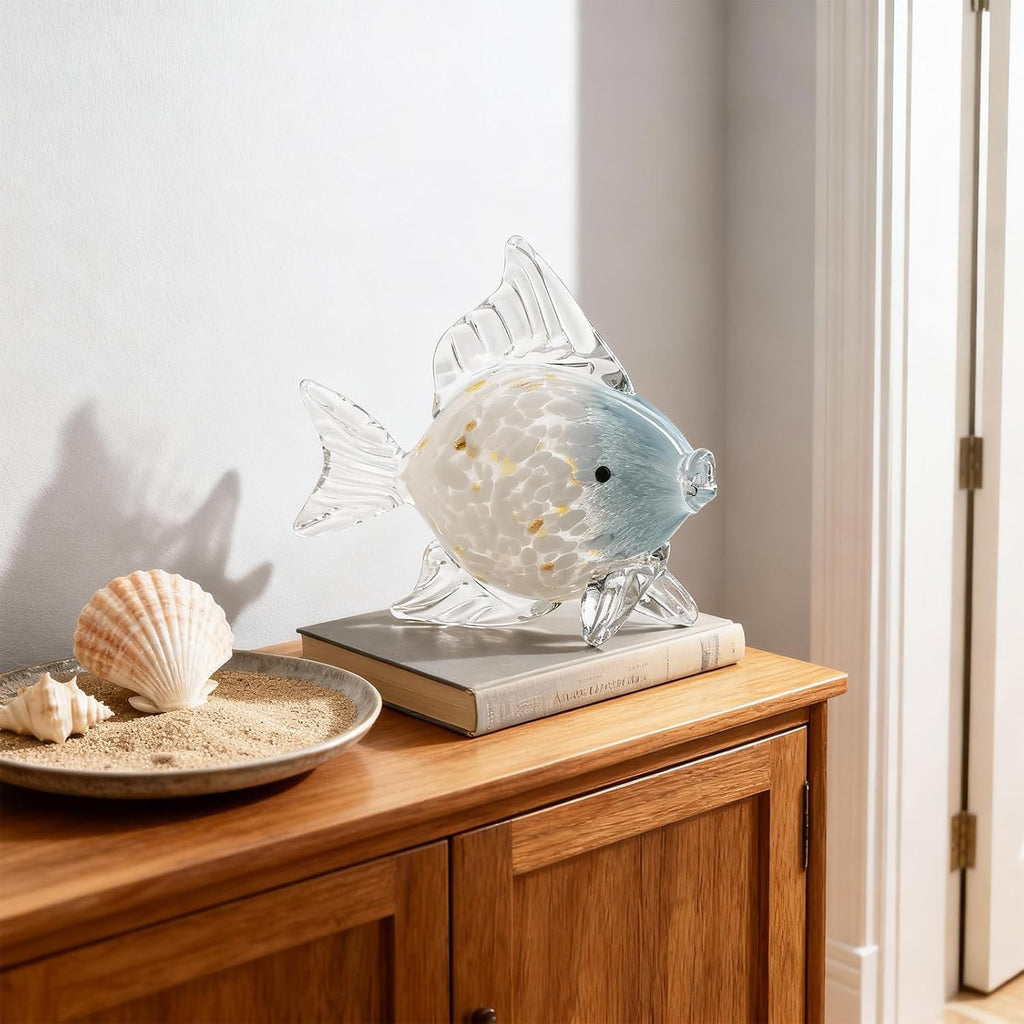 Large Hand Blown Glass Fish Figurines, Aquarium Sea Glass Art, Blue White Fish Statue Sculpture Modern Coastal Accent