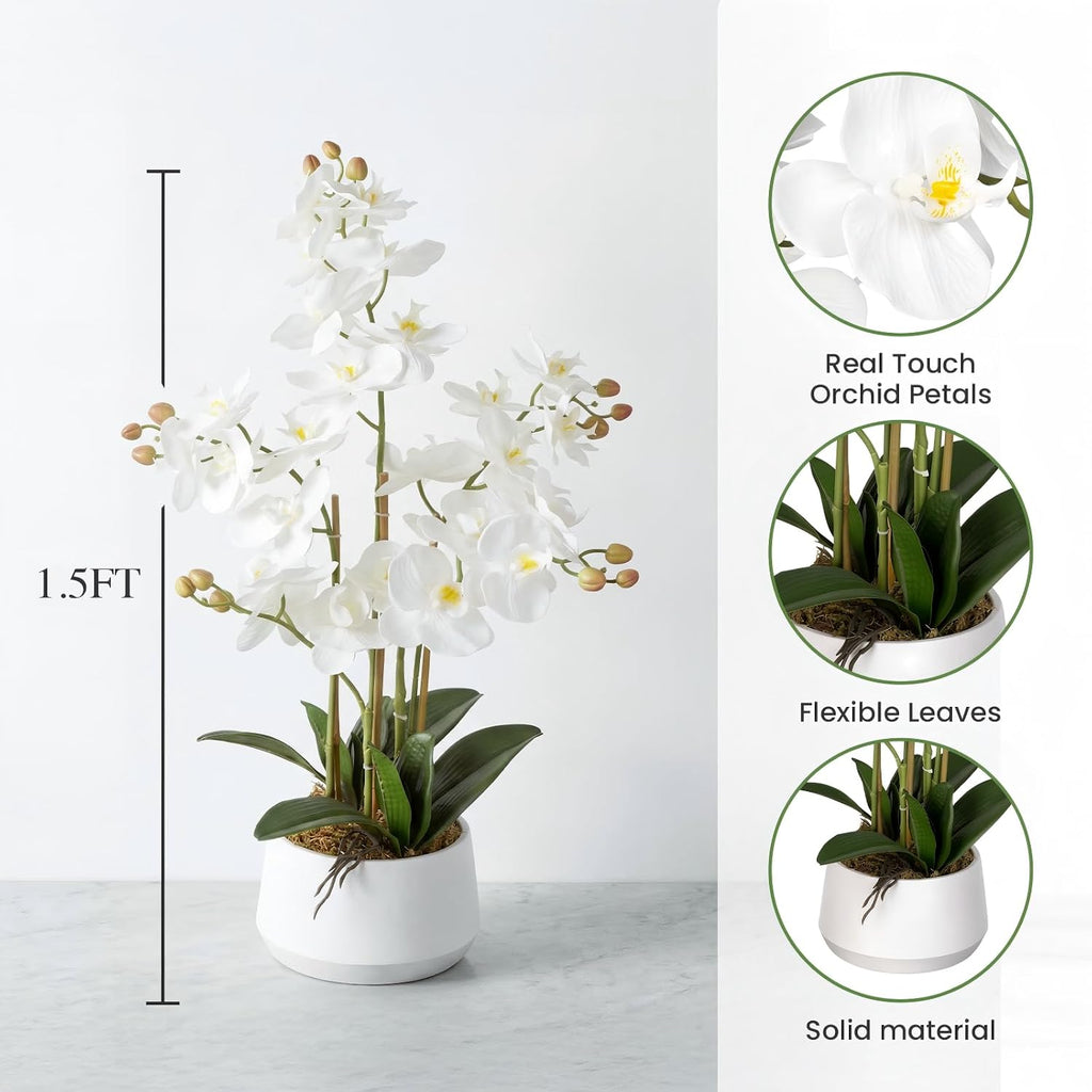 Artificial Orchid Flower Potted,1.5FT White Real Touch Orchid Artificial Flowers with 3 Stems Artificial Phalaenopsis