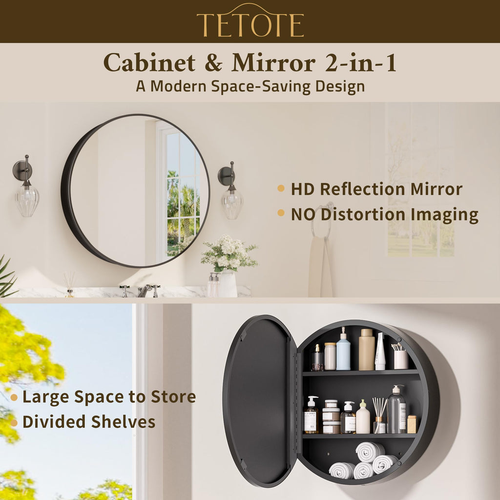 24 x 24 Inch Medicine Cabinet Mirror Black Framed Round Mirrored Medicine Cabinets Adjustable Shelves Modern Bathroom