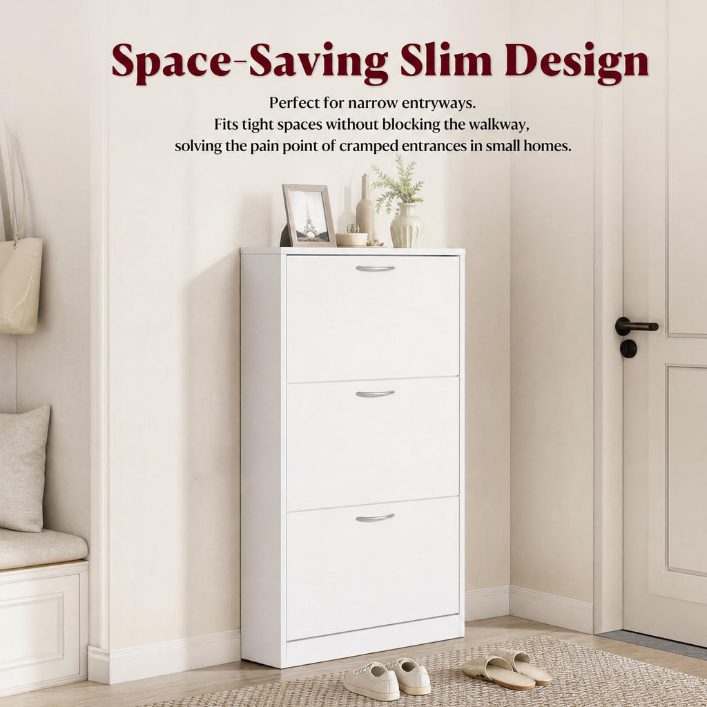 Shoe Cabinet, Narrow Shoe Storage with 3 Flip Drawers