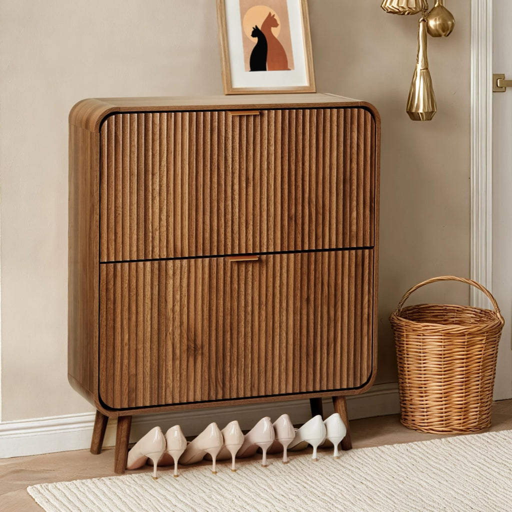 31.5" Fluted Shoe Cabinet with 2 Flip Drawers, Slim Freestanding Shoe Cabinet Organizer, Narrow Shoes Storage Rack