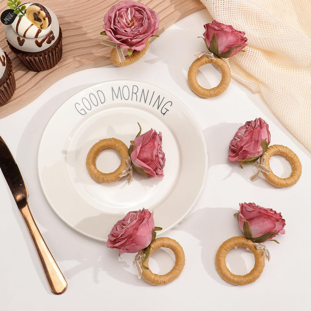 Flower Napkin Rings | Rustic Rose Tulip Napkins Holder | Spring Napkin Rings & Flower Stem Napkins Holder - Set of 12