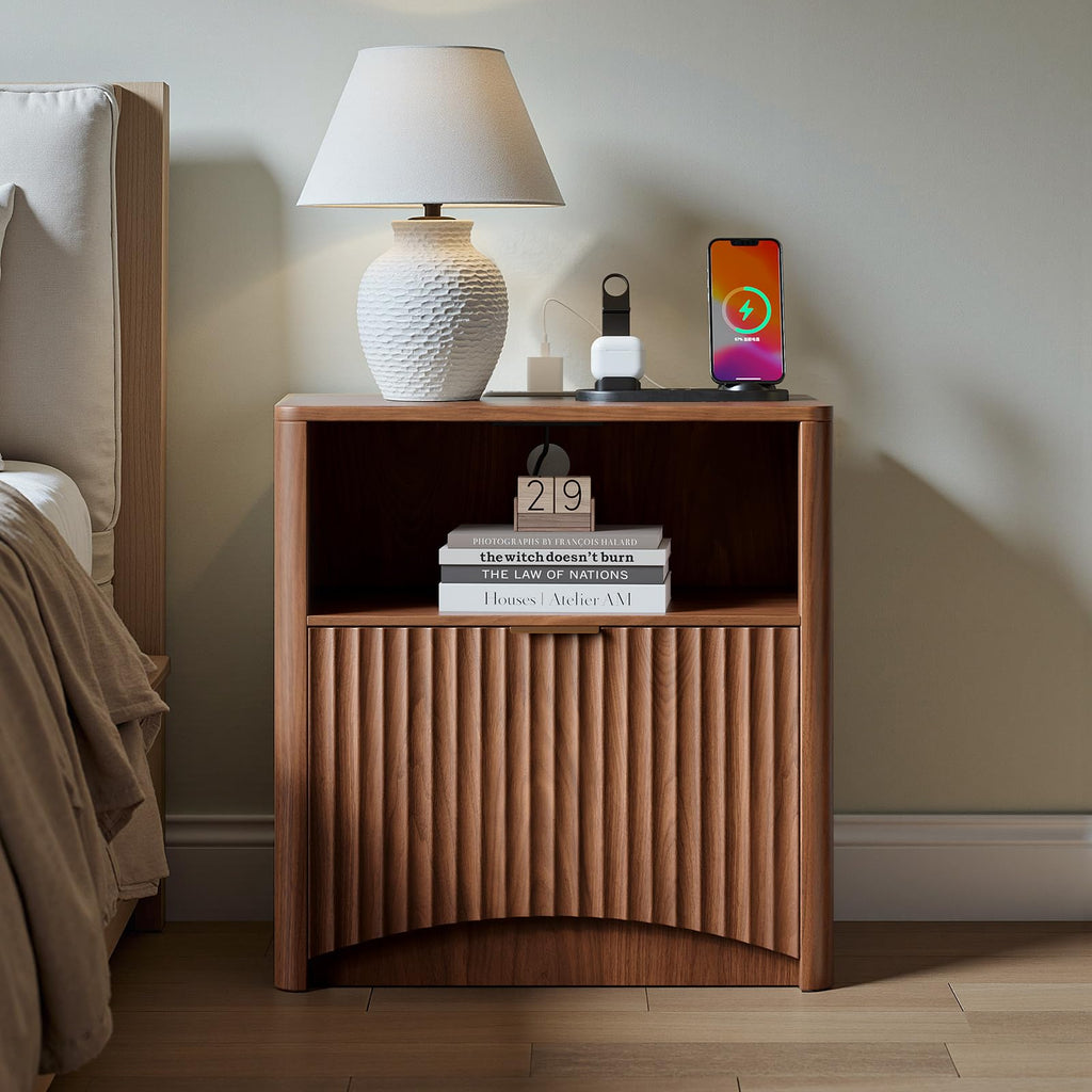 Fluted Nightstand with Charging Station, Walnut Bedside Table