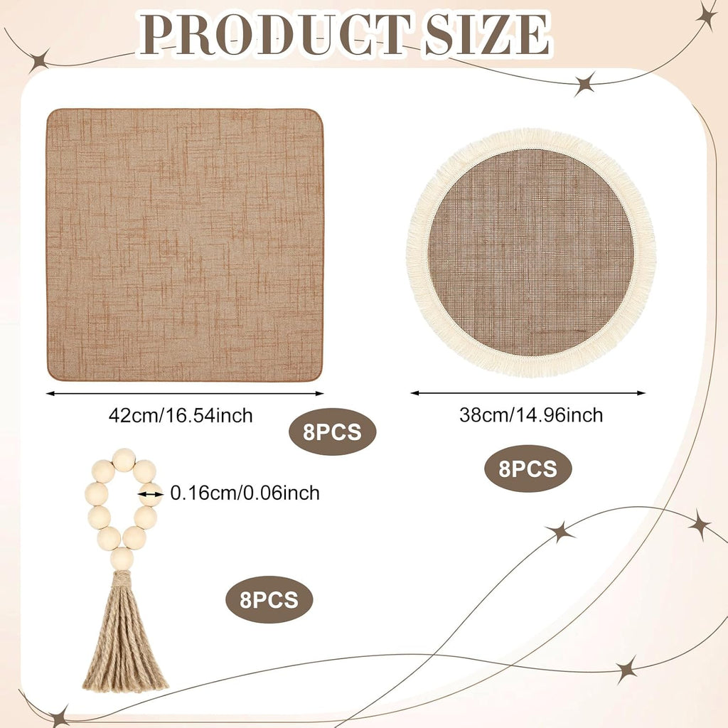 8 Sets of Placemats and Table Runner, Farmhouse Rustic Jute Decor | Round Placemats with Napkins,Wood Bead Rings,Jute