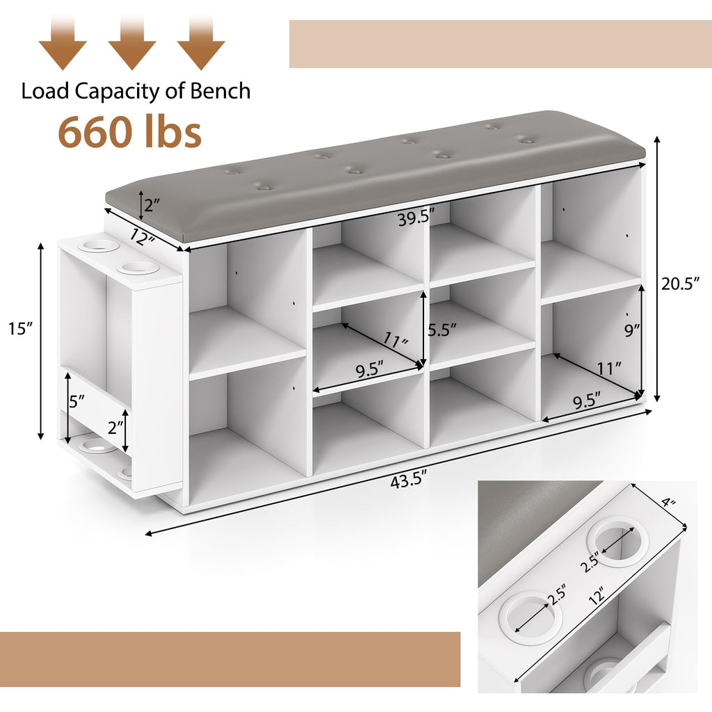 Shoe Storage Bench with Umbrella Stand, 10-Cube Entryway Bench with Adjustable Shelf & Padded Cushion, Cubby Shoe