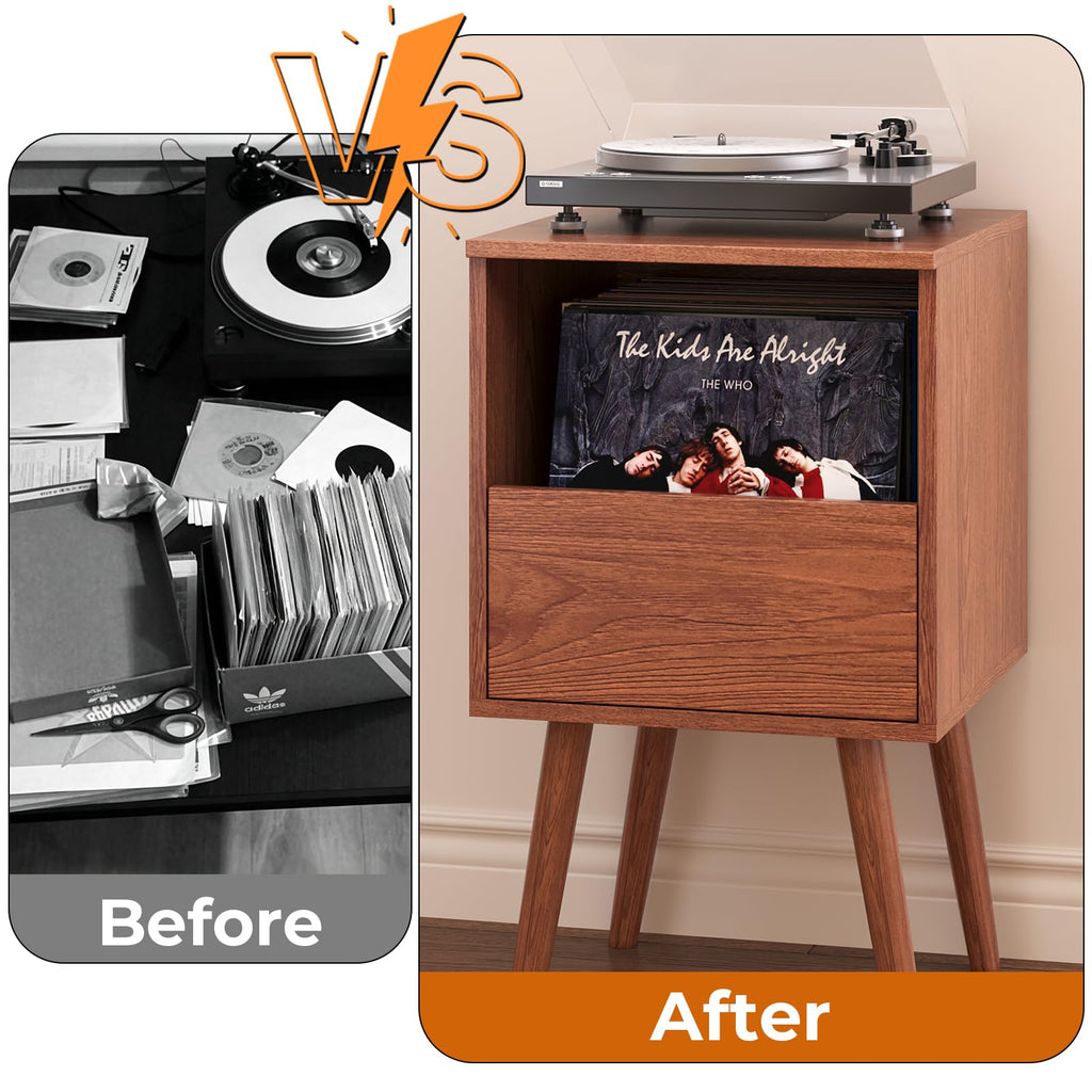 Mid Century Modern Record Player Stand with Vinyl Storage, Brown