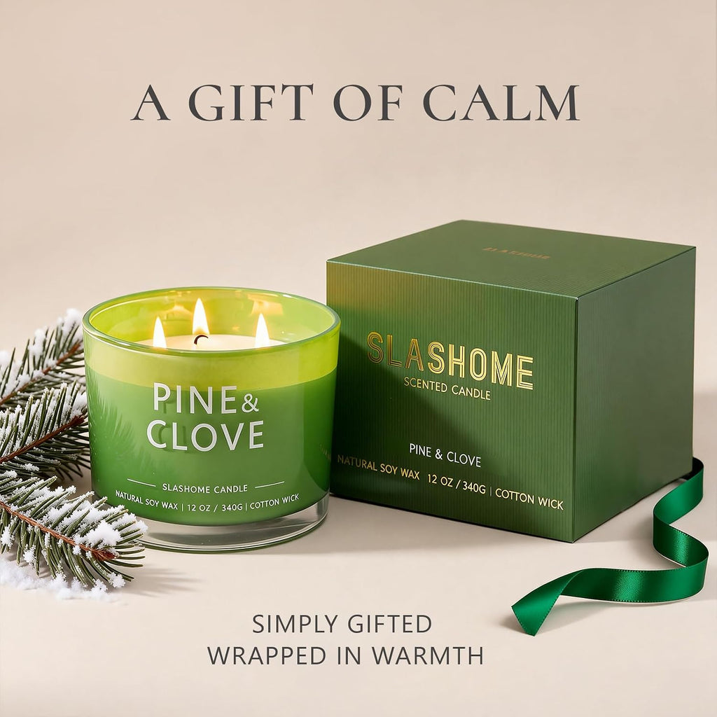 Pine & Clove Scented Candle, Luxury Large 3 Wick Soy Candle 12 Oz, 60+ Hour Long Lasting Clean Burn, Elegant
