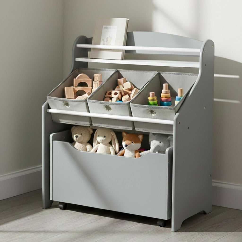3 in 1 Kids Bookshelf, Toy Organizer and Rolling Toy Box, Wood | Toddler storage with removable fabric bins and pull