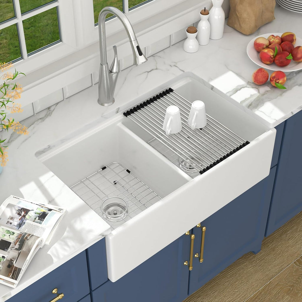 33 Inch White Farmhouse Kitchen Sink Workstation Fireclay | Double Bowl Farmer house Apron Front Sink 50/50