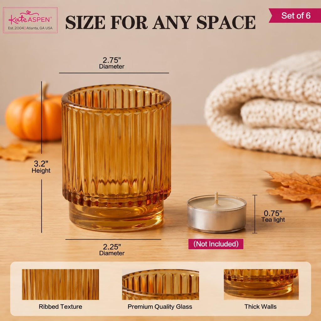 Vintage Glass Tealight & Amber Votive Candle Holders (Set of 6) Rustic Fluted Candle Holder Set, Boho Home Decor