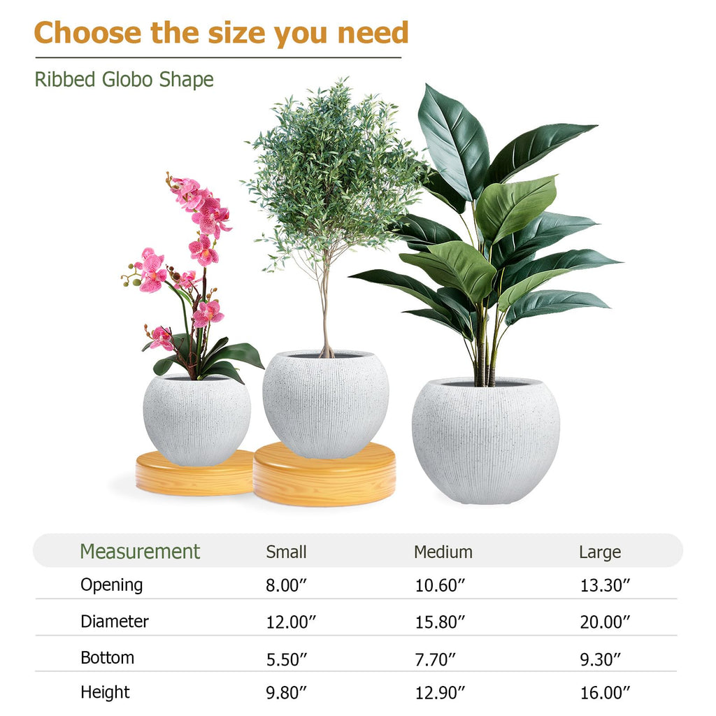 12" Dia - Ribbed Globo Fiberstone Round Planter - Speckled White