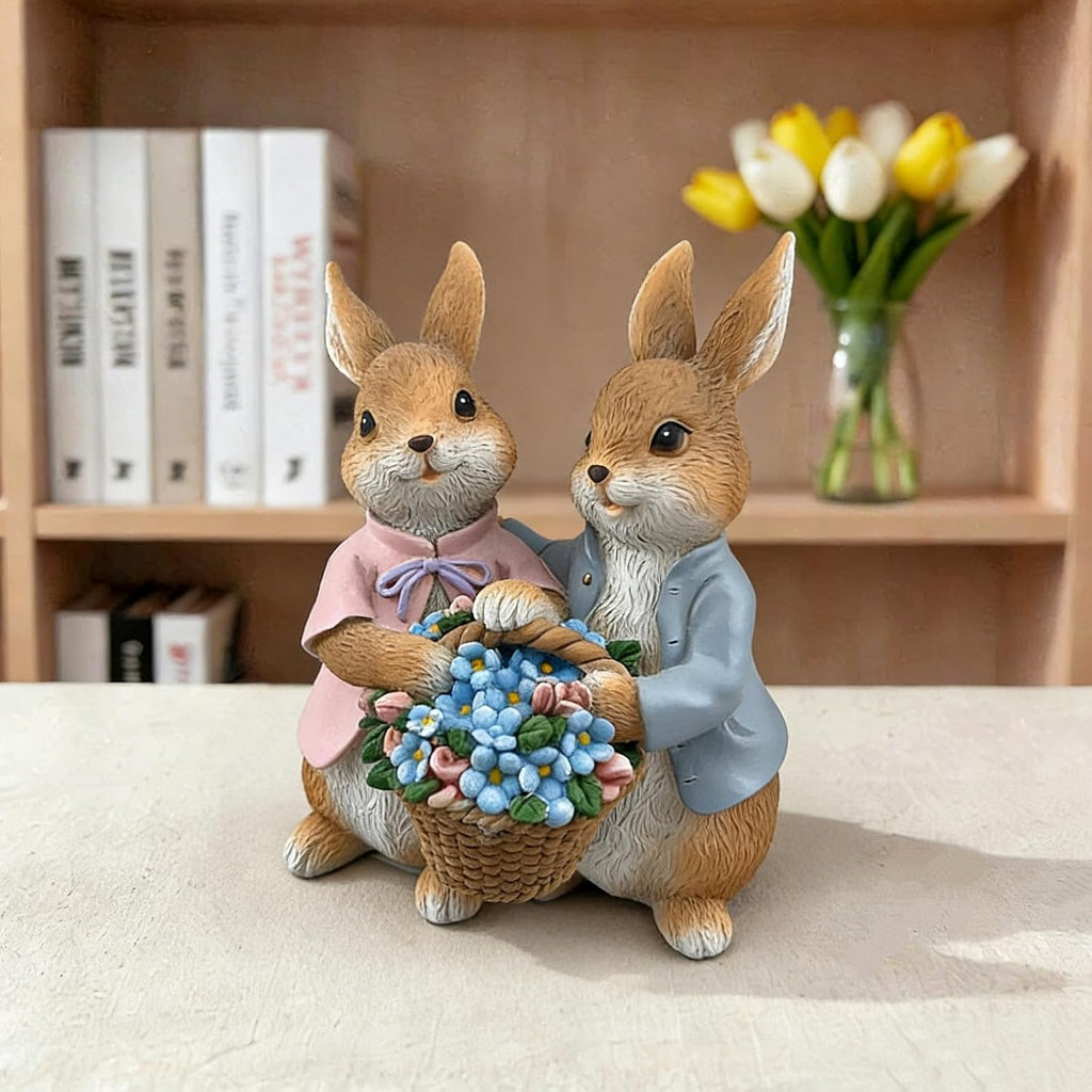 Bunny Statue Resin Flower Basket Rabbit Easter Spring Desk Home Decor Gift