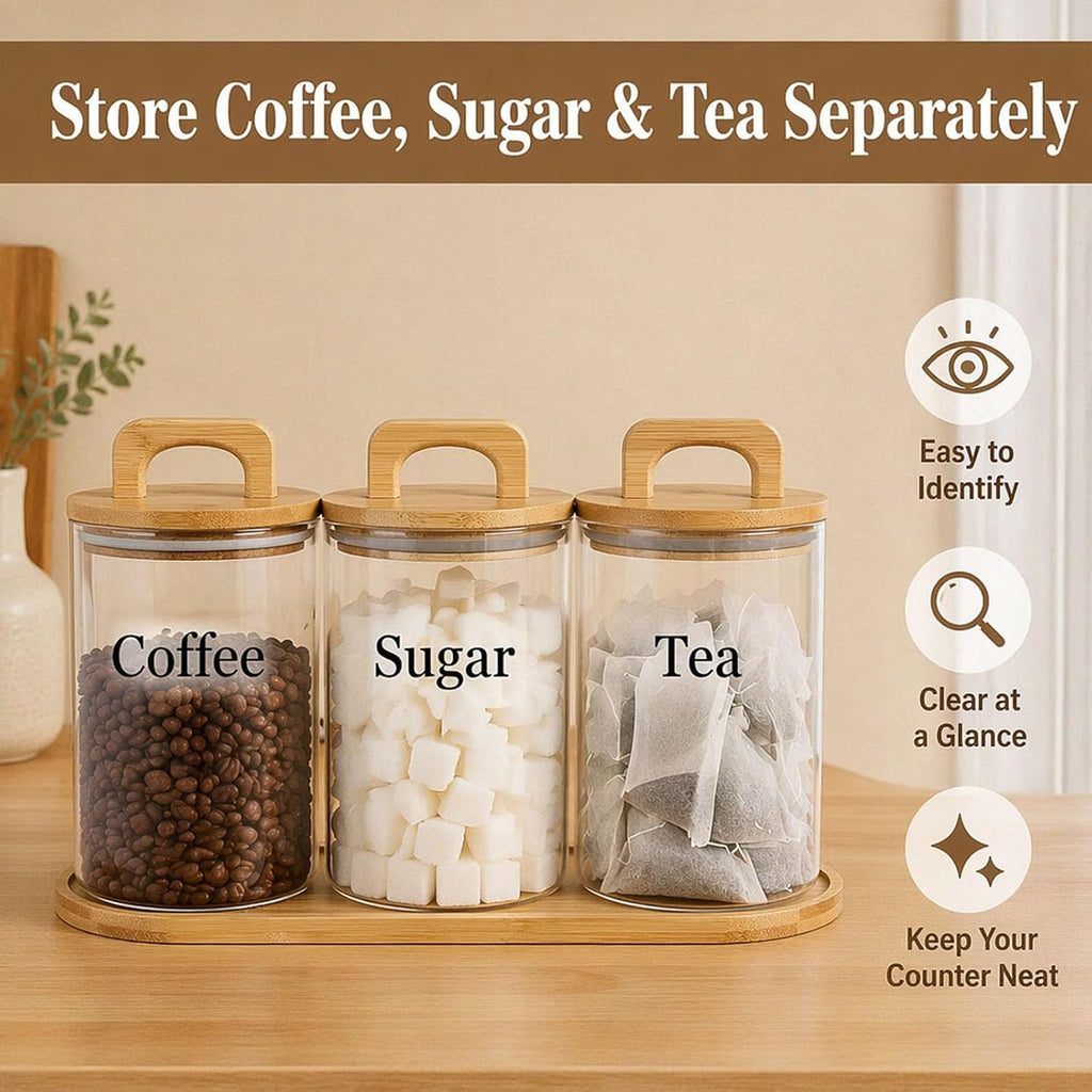 Glass Coffee Sugar Tea Canister Set with Airtight Wood Lids and Tray, 3 Pack Clear Food Storage Jars, 34 oz / 1000 ml - Set of 3