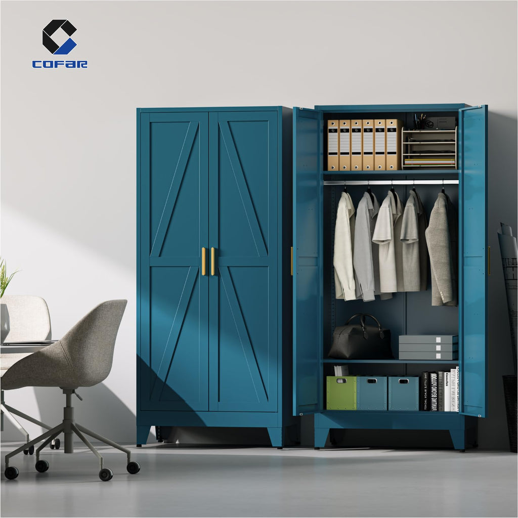 71'' Metal Armoire Wardrobe Closet, Steel Wardrobe Cabinet with Adjustable Hanging Rod and Shelves, 2 Doors Farmhouse