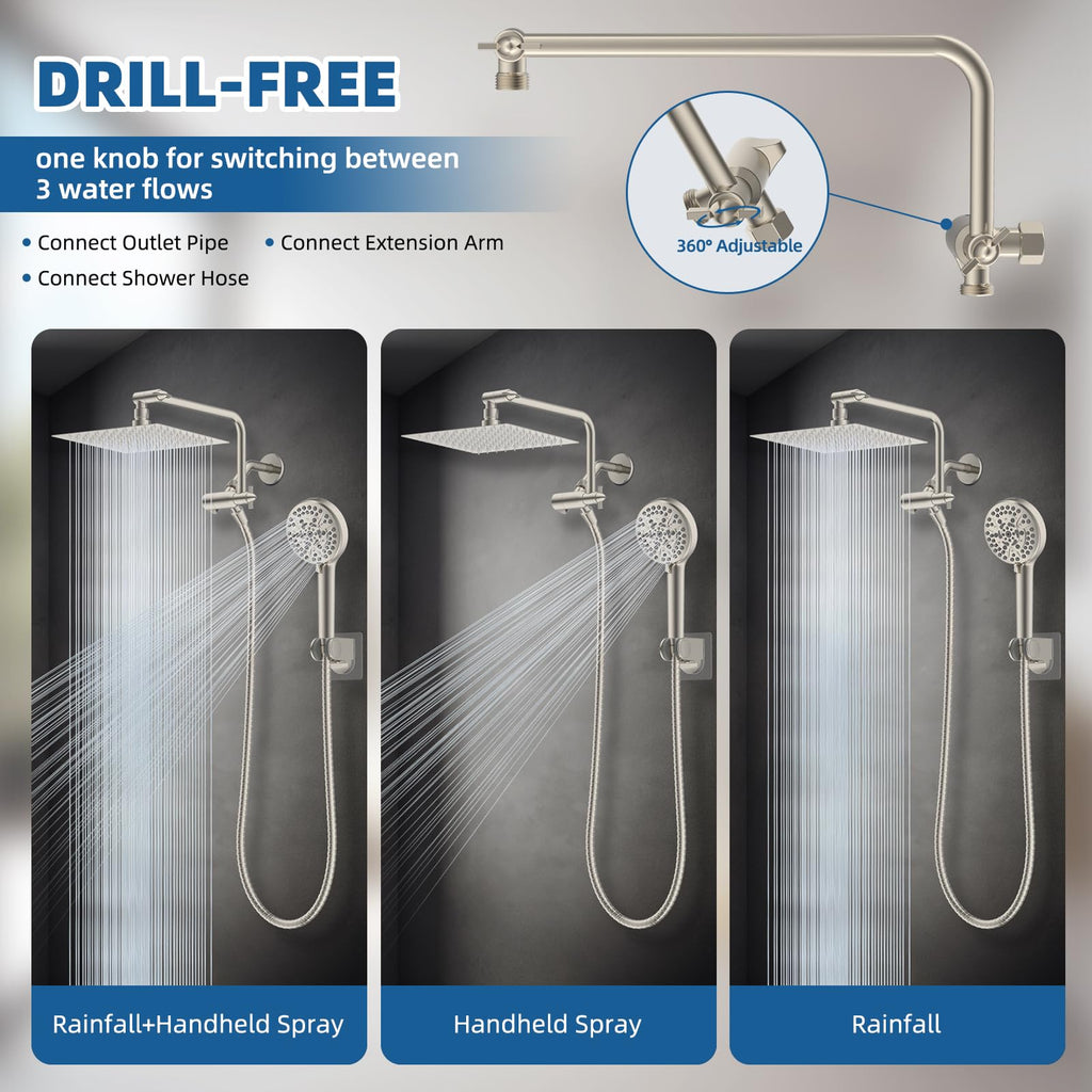 12" Metal Rainfall Shower Head with 10-Mode Handheld, Brushed Nickel