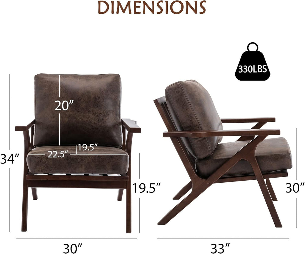 Accent Chairs,PU Leather Mid Century Modern Wood Reading Armchair with Removable Upholstered Cushions - Set of 2