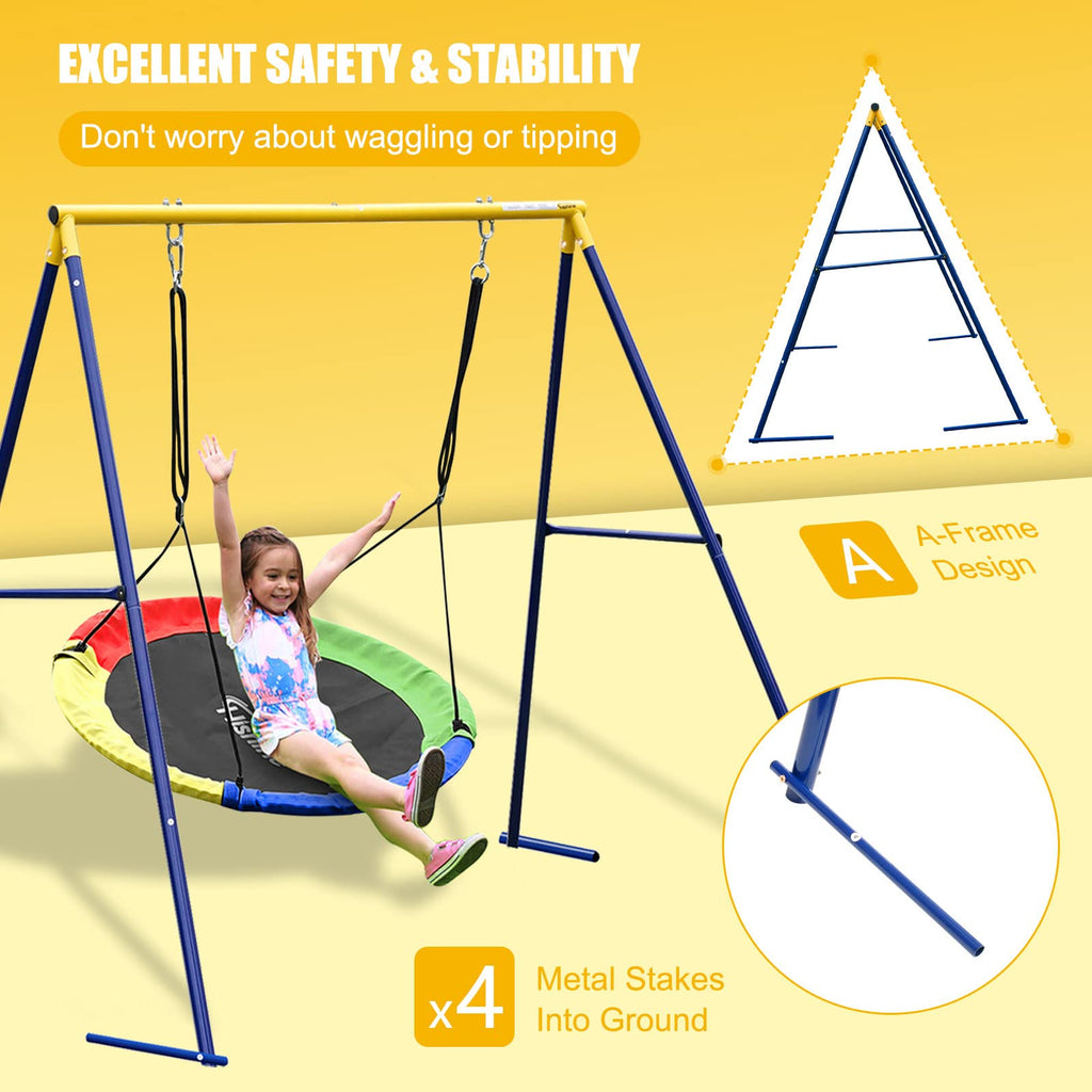 43" Saucer Tree Swing Metal Frame Full Steel Swing Stand, Swing Set 71" High Textilene & Full Metal Tubes (Blue Stand)