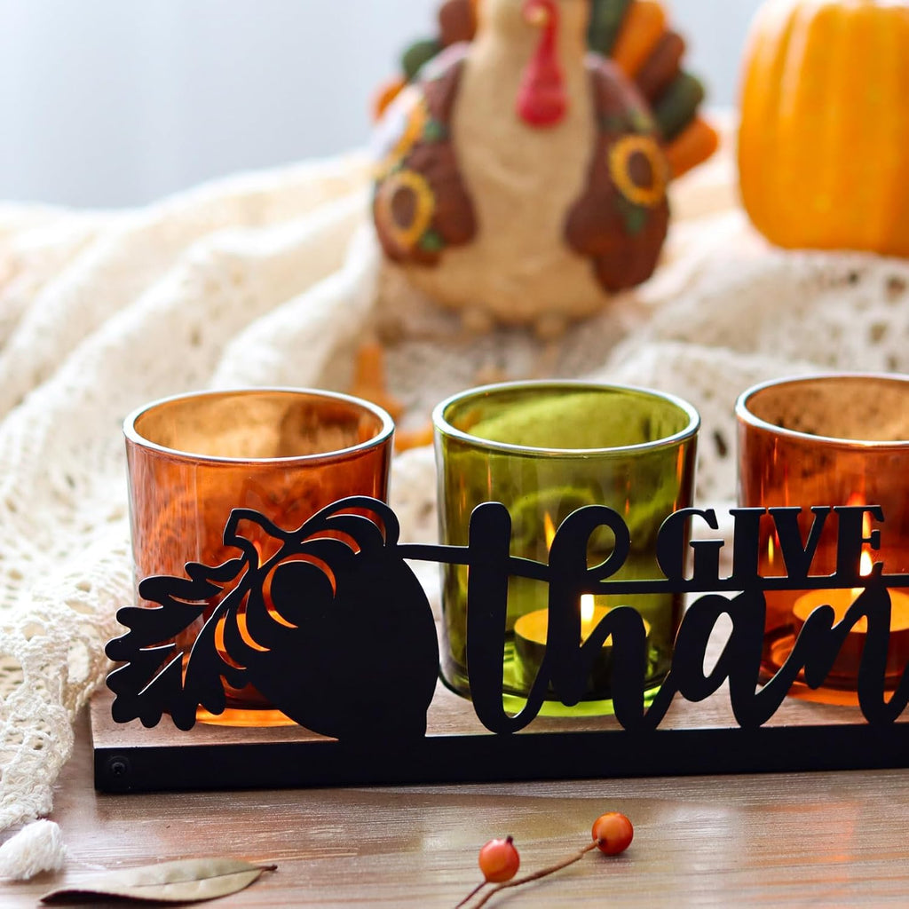 Thanksgiving Centerpieces Glass Tealight Votive Candle Holder Include 1 Candle Tray & 4 Candle Holders Fall - Set of 5