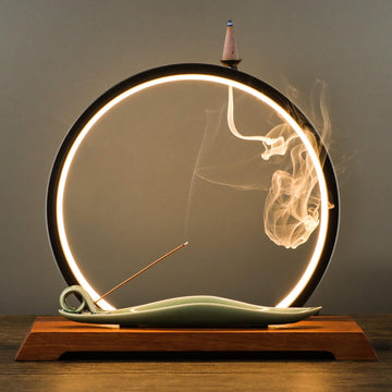 Backflow Incense Burner with LED Light Ring, Ceramic, Waterfall Design, Includes 1 Tweezer and 30 Incense Sticks