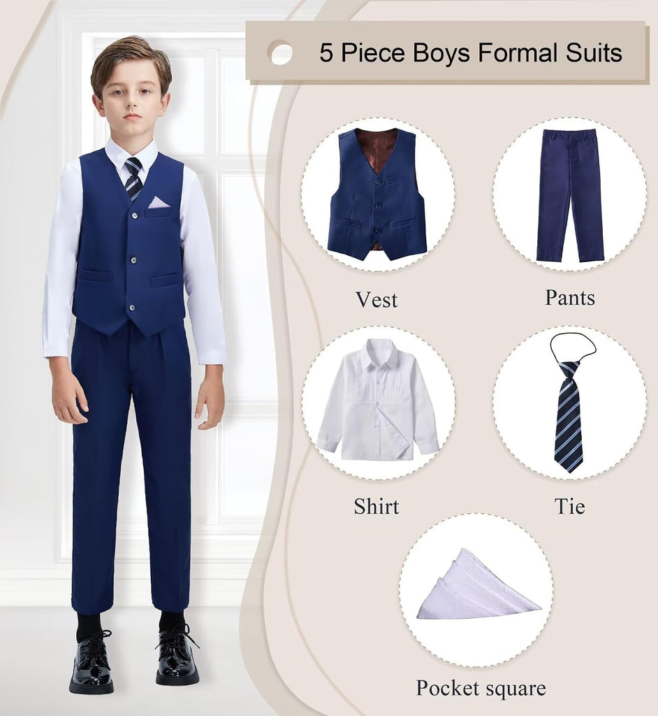 Boys Suit Kids Dress Pants Vest Suits Set with Shirt Tie Pocket Square