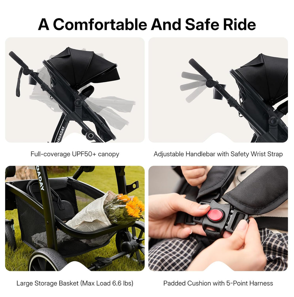 Stroller, in-1 Reversible Toddler Seat with Lie-Flat Mode, Foldable Infant Stroller with Canopy, One Button Brake