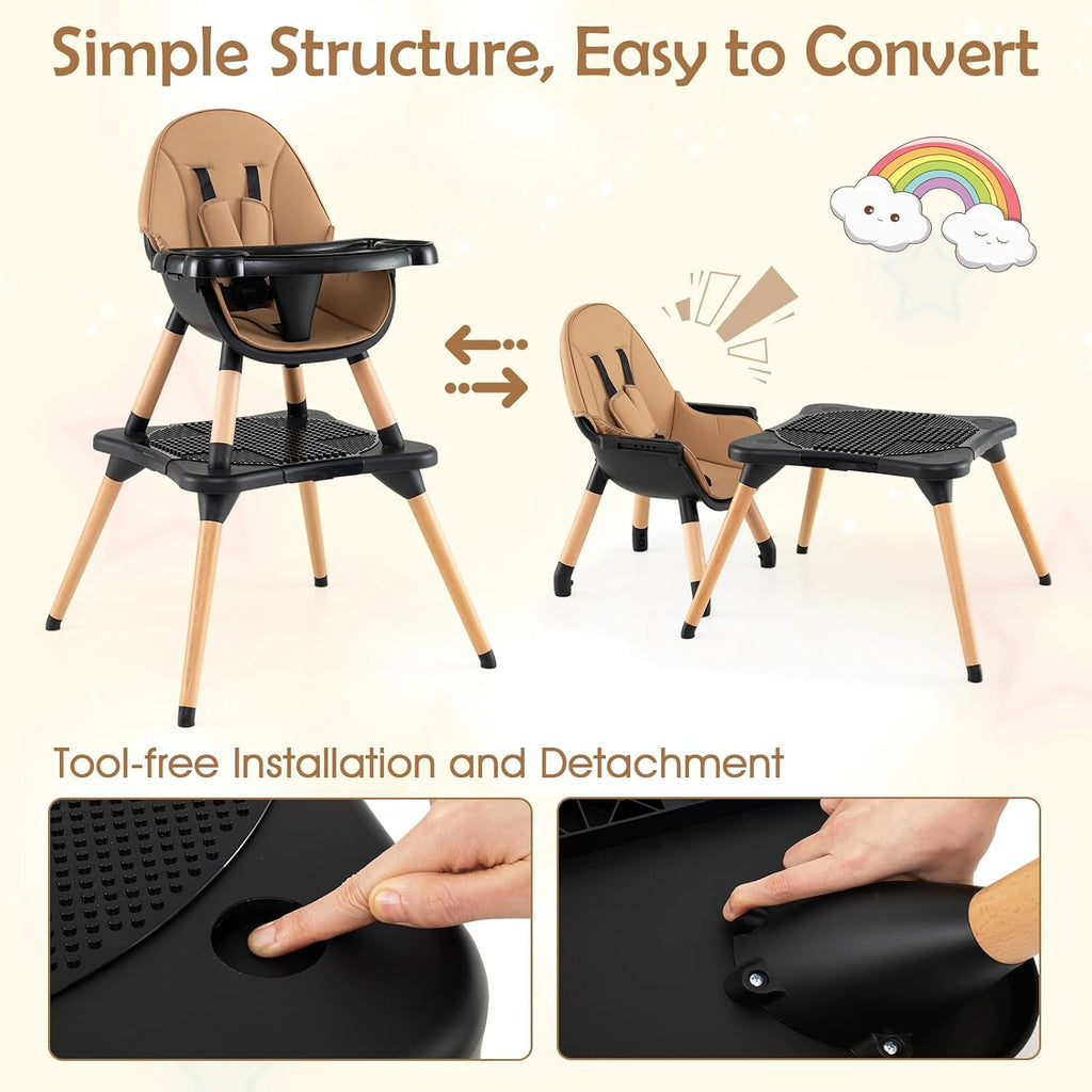 High Chair, 6-in-1 Convertible Wooden High Chairs for Babies and Toddlers w/Building Block Table, 5-Point Safety