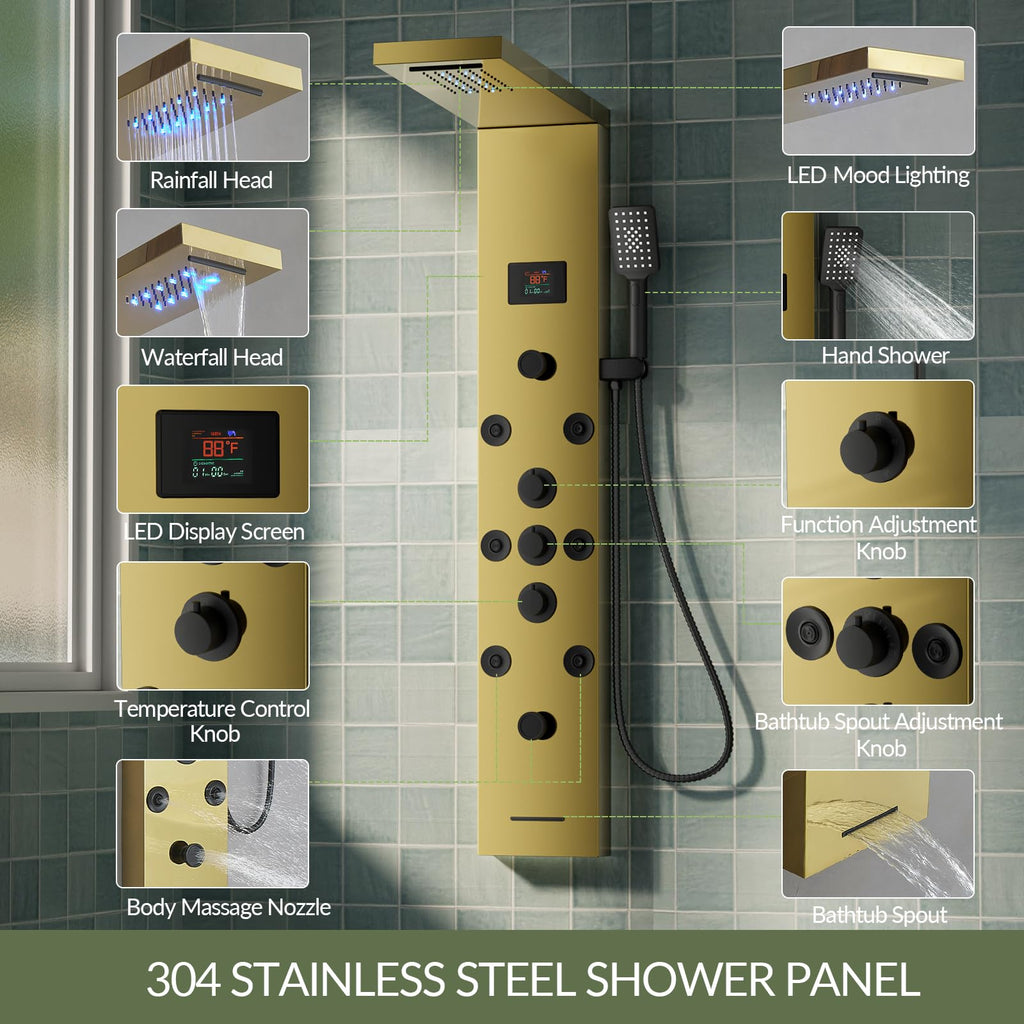 Brushed Gold Shower Panel Tower System 5 In 1 Stainless Steel Shower Tower