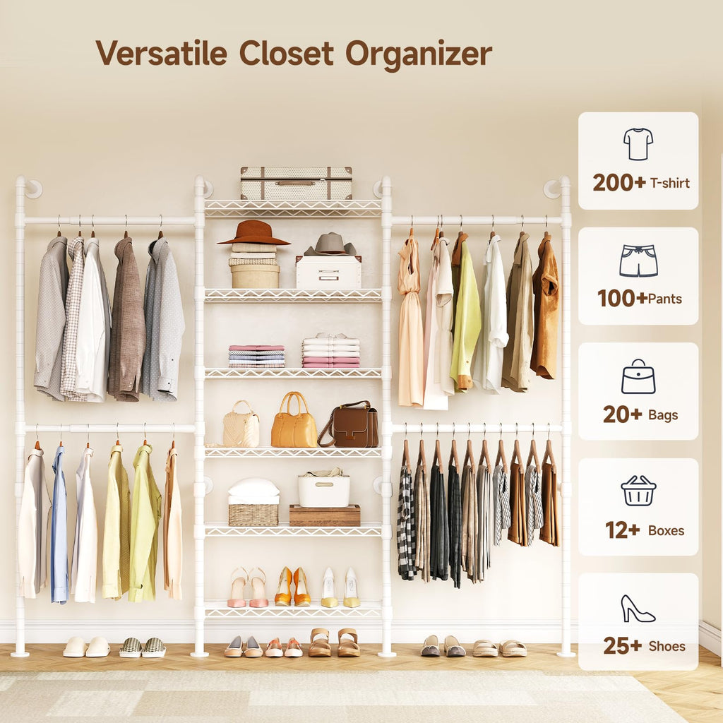 H3 Wall Mounted Closet System, Industrial Pipe Clothing Rack, White