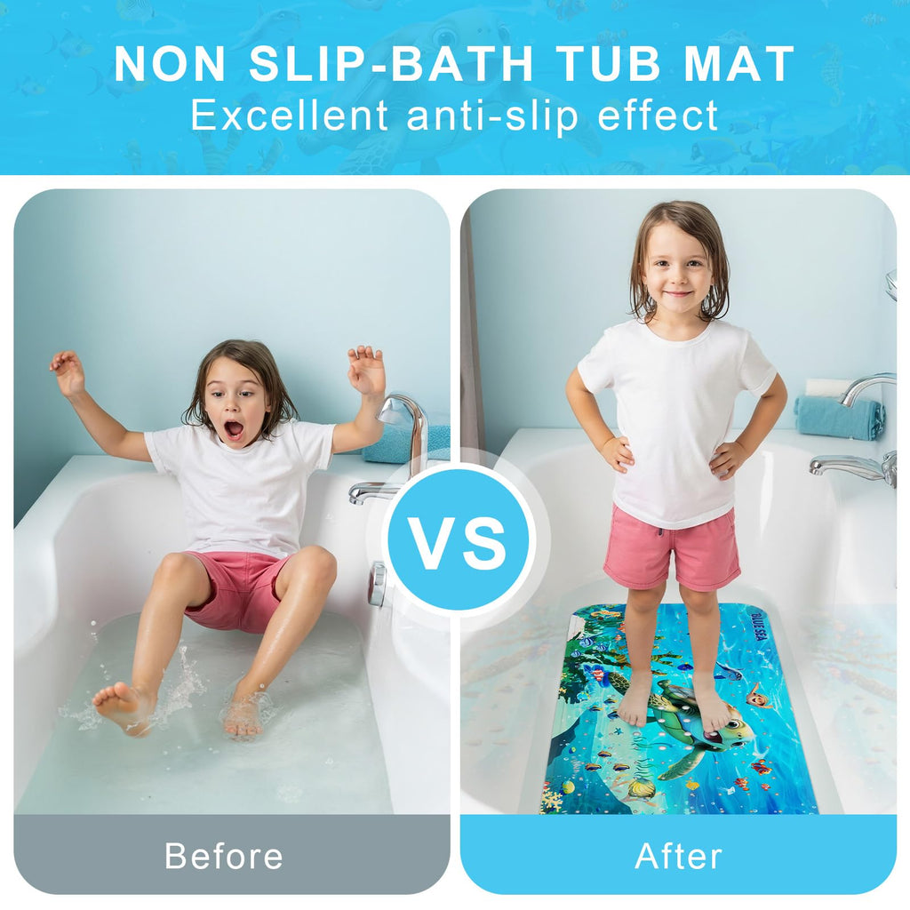 Bath Mat for Tub Non Slip Kids Bathtub Mat 40x16 Baby Bath Mat, Blue Sea