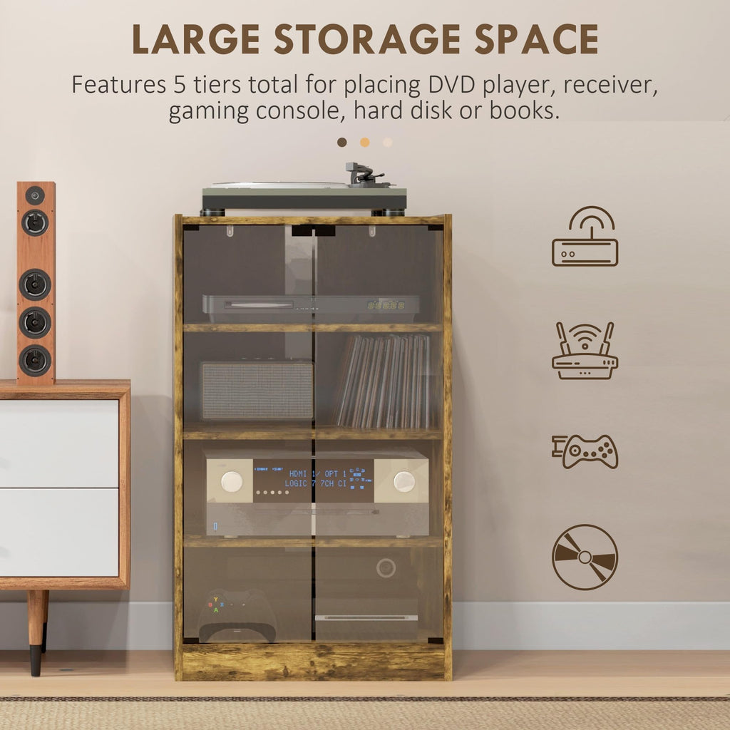 Media Cabinet, 4-Tier Stereo Cabinet, Modern Audio Video Media Stand with Adjustable Shelves, Tempered Glass Doors