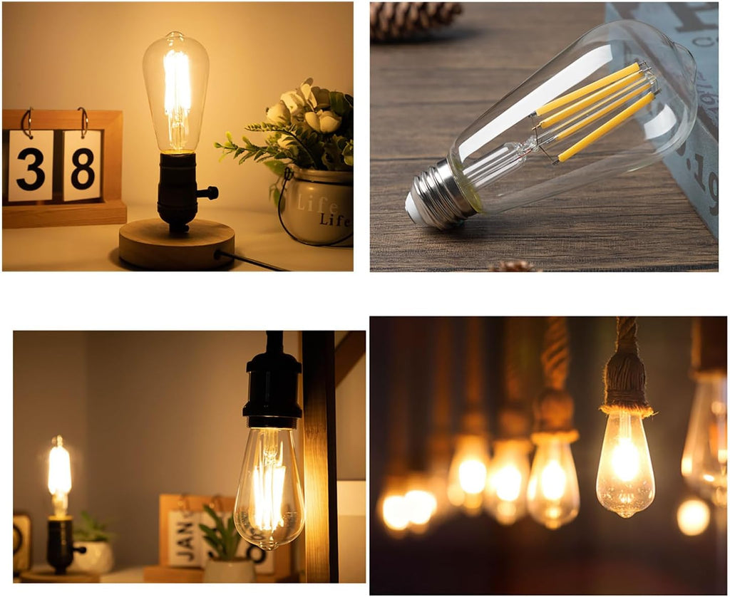 ST58 Vintage LED Edison Bulbs, 12W 6-Pack - 100W Equivalent, 1500LM Warm White 2700K, Dimmable E26 Base, 90+ CRI