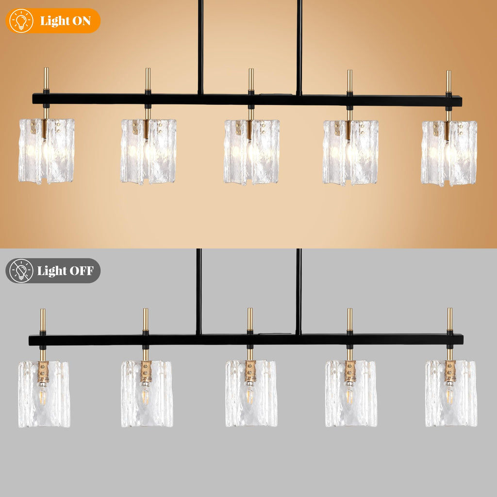 Rectangular Dining Room Light Fixture 42"L Black and Gold Glass Linear Chandeliers Over Table, Farmhouse