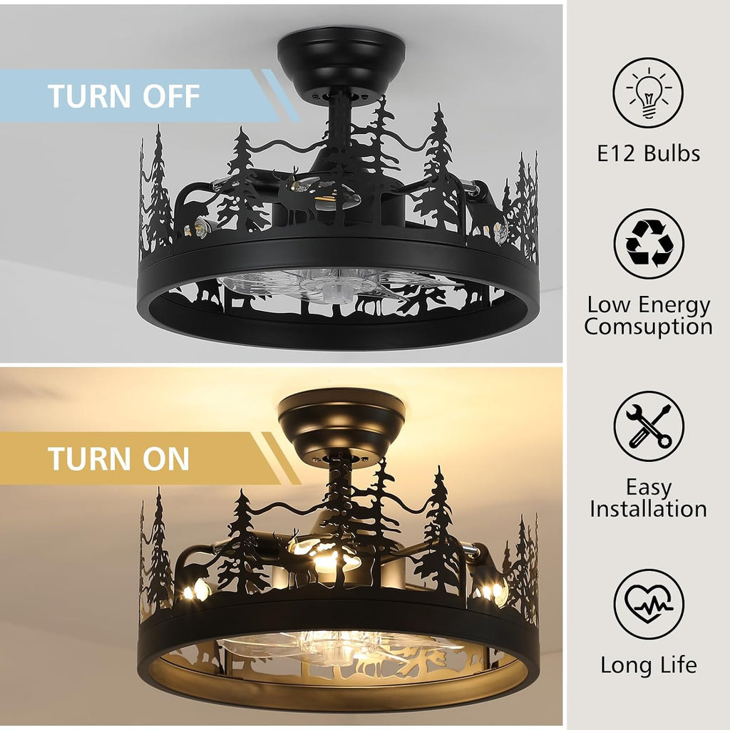 Rustic Black Ceiling Fan with Light, Bear and Deer Design