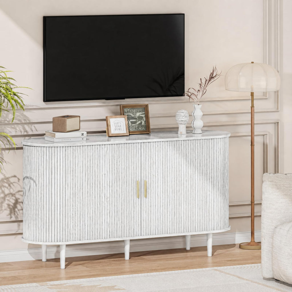 Sideboard Buffet Cabinet with Storage, 55 Inch Mid Century Modern Fluted Credenza with Sliding Door & Adjustable