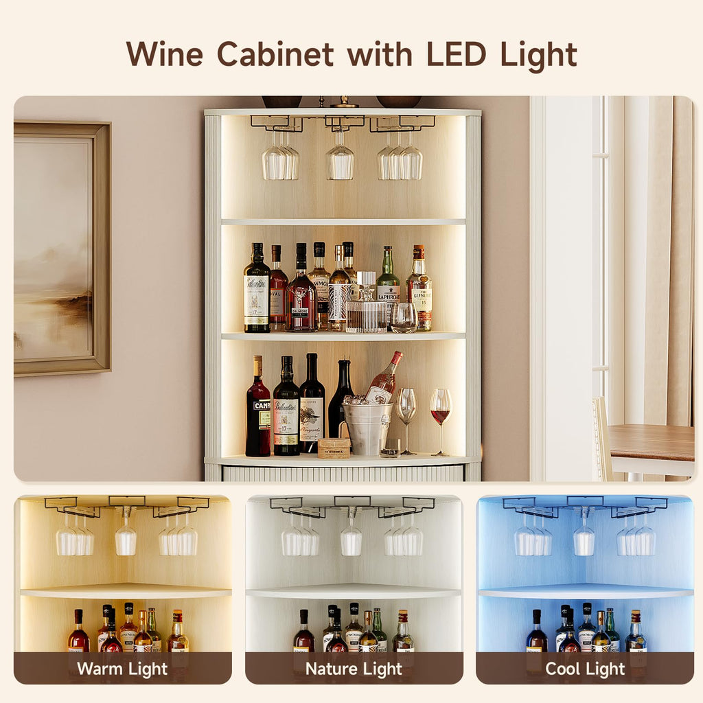 72" Tall Corner Bar Cabinet with LED Light, Liquor Cabinets, White