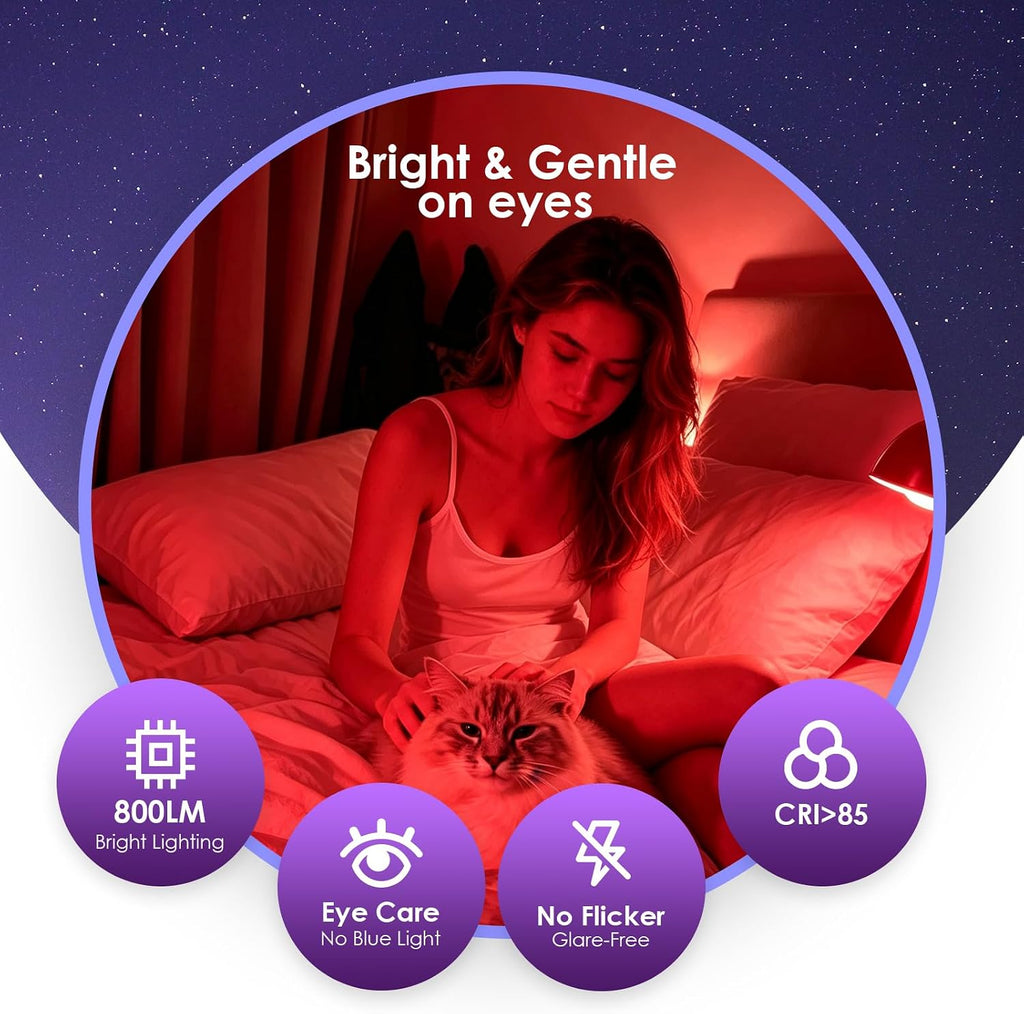 Red LED Light Bulbs for Sleep Dimmable, 60W Eq Bedroom Lamp, 4 Pack