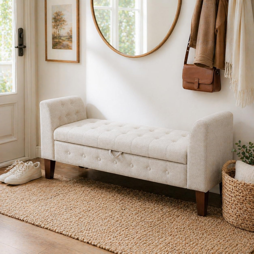Upholstered Storage Bench with Arms Ottoman Bench Entryway Living Room Khaki