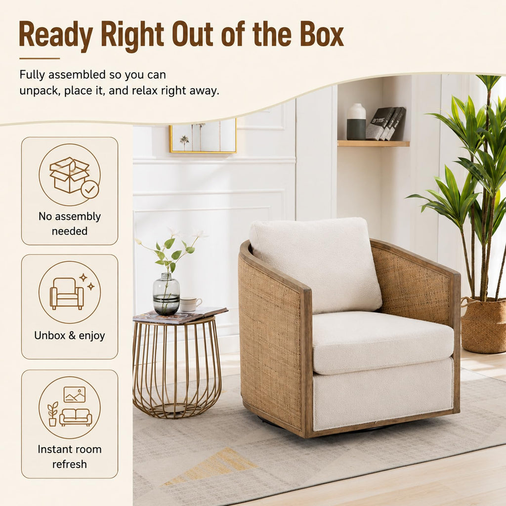 Mid Century Modern Rattan Accent Chair | Solid Wood Armchair with Natural Hand-Woven Cane | Modern Corner Club Chair
