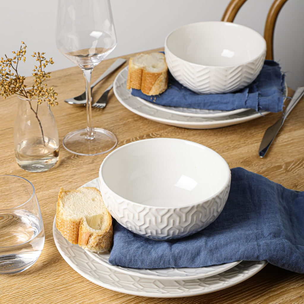 Ceramic Dinnerware Sets for 6, 18 Pieces Stoneware Plates and Bowls Sets, Embossed Scratch Resistant Dinner Set